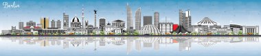 Berlin Almanya Gri Binalar, Mavi Gökyüzü ve Yansımaları ile Skyline. Vektör İllüstrasyonu. Tarihi Mimariyle İş Seyahati ve Turizm Konsepti. Tarihi Simgelerle Berlin Şehri.