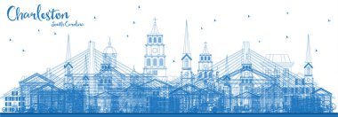 Mavi binaları ile anahat Charleston Güney Carolina manzarası. Vektör çizim. İş seyahat ve Turizm illüstrasyon tarihi mimarisi ile. Charleston Cityscape yerler ile.