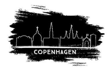 Kopenhag Danimarka şehir manzarası siluet. Elle çizilmiş kroki. Vektör çizim. İş seyahat ve Turizm kavramı Modern mimariye sahip. Copenhagen Cityscape yerler ile.