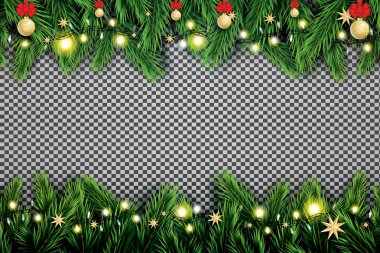 Köknar dalı Neon ışıkları, Noel top ve yıldızlar şeffaf arka plan ile. Vektör çizim.