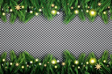 Köknar dalı Neon ışıkları ve yıldızlar şeffaf arka plan ile. Vektör çizim.