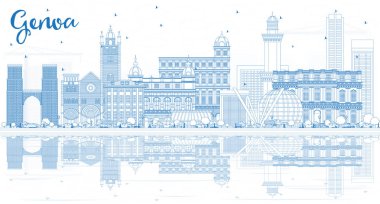 Mavi binalar ve yansımaları ile anahat Cenova İtalya şehir manzarası. Vektör çizim. İş seyahat ve Turizm kavramı Modern mimariye sahip. Cenova Cityscape yerler ile.