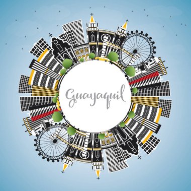 Guayaquil Ekvador şehir manzarası renkli binalar, mavi gökyüzü ve kopya alanı. Vektör çizim. İş seyahat ve Turizm kavramı tarihi mimarisi ile. Guayaquil Cityscape yerler ile.