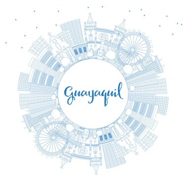 Anahat Guayaquil Ekvador şehir manzarası ile mavi binalar ve kopya alanı. Vektör çizim. İş seyahat ve Turizm kavramı tarihi mimarisi ile. Guayaquil Cityscape yerler ile.