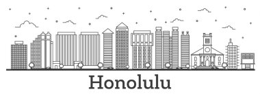 Modern beyaz izole binalar ile anahat Honolulu Hawaii şehir manzarası. Vektör çizim. Honolulu Cityscape yerler ile.