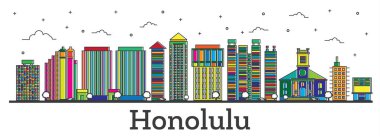 Anahat Honolulu Hawaii şehir manzarası ile renk üzerine beyaz izole binalar. Vektör çizim. Honolulu Cityscape yerler ile.