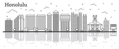 Modern binalar ve üzerinde beyaz izole yansımaları ile anahat Honolulu Hawaii şehir manzarası. Vektör çizim. Honolulu Cityscape yerler ile.