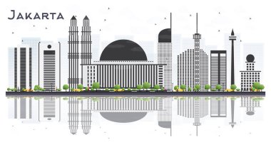 Jakarta Endonezya şehir manzarası ile gri binalar ve beyaz arka plan üzerinde izole yansımaları. Vektör çizim. İş seyahat ve Turizm kavramı ile Modern binalar. Jakarta Cityscape yerler ile.