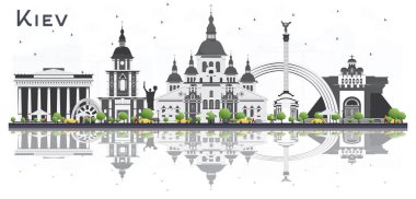 Kiev Ukrayna şehir manzarası ile gri binalar ve beyaz arka plan üzerinde izole yansımaları. Vektör çizim. İş seyahat ve Turizm kavramı. Kiev Cityscape yerler ile.