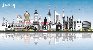 Leipzig Almanya şehir manzarası ile gri binalar, mavi gökyüzü ve yansımaları. Vektör çizim. İş seyahat ve Turizm kavramı tarihi mimarisi ile. Leipzig Cityscape yerler ile.