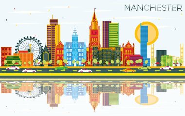 Manchester manzarası renkli binalar, mavi gökyüzü ve yansımaları ile. Vektör çizim. İş seyahat ve Turizm kavramı Modern mimariye sahip. Manchester Cityscape yerler ile.