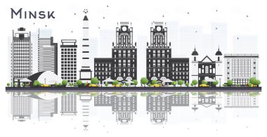 Minsk Beyaz Rusya şehir manzarası ile gri binalar ve beyaz arka plan üzerinde izole yansımaları. Vektör çizim. İş seyahat ve Turizm kavramı. Minsk Cityscape yerler ile.