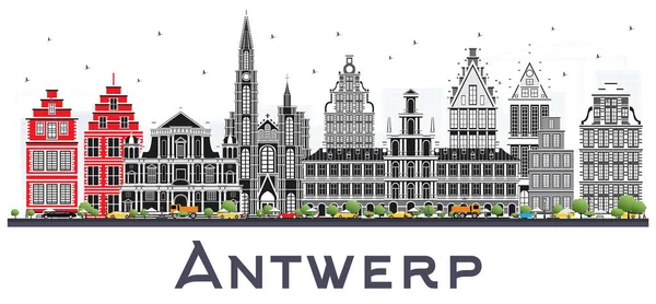 Antwerp Belgium City Skyline Mit Grauen Gebäuden Isoliert Auf Weiß — Stockvektor