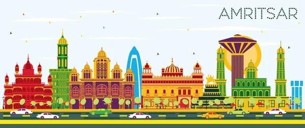 Amritsar Hindistan Şehir Manzarası Renkli Binalar Mavi Gökyüzü Vektör Çizim — Stok Vektör