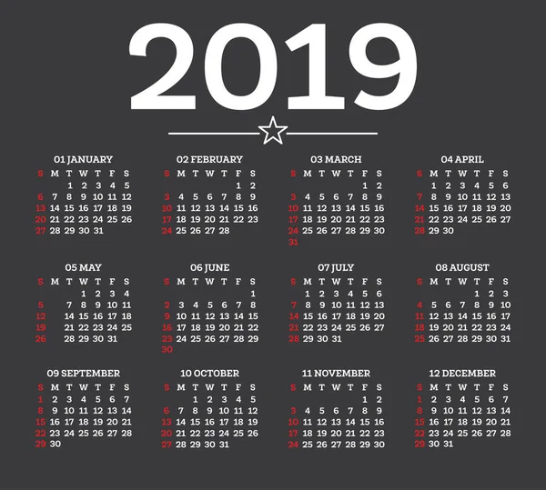 Kalender 2019 Isoliert Auf Dunklem Hintergrund Die Woche Beginnt Sonntag — Stockvektor