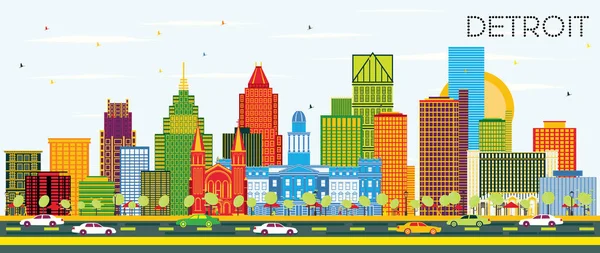 Детройт Мичиган Сити Скайлайн Цветными Зданиями Голубым Небом Векторная Иллюстрация — стоковый вектор