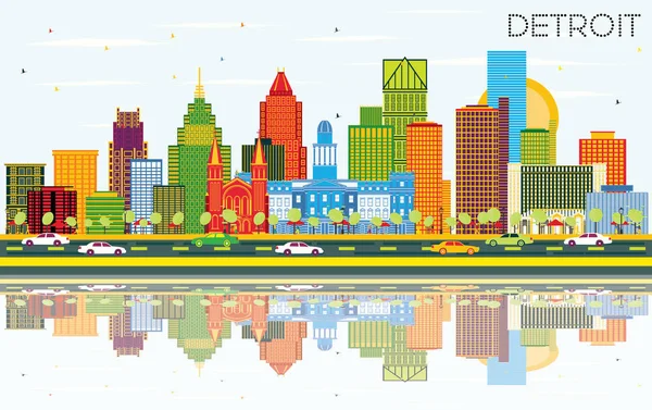 Detroit Michigan City Skyline Color Buildings Blue Sky Reflections Vector — Stock Vector