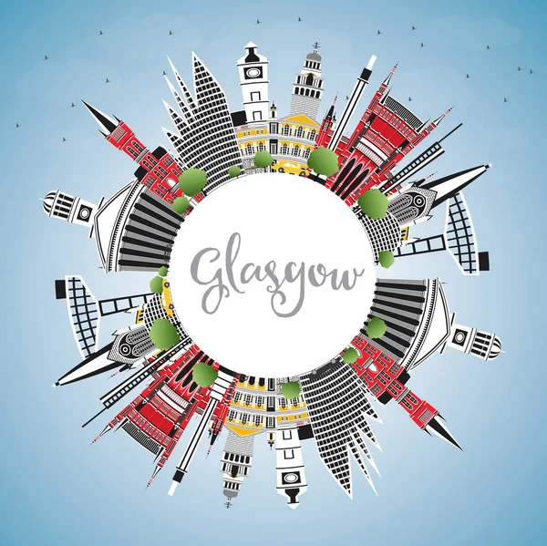 グラスゴー スコットランド都市スカイライン コピー スペース 青空色の建物 ベクトルの図 ビジネス旅行や歴史的建造物を観光概念です ランドマークとグラスゴー都市景観 — ストックベクタ