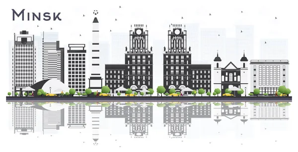 Minsk Vitryssland Stadssilhuetten Med Grå Byggnader Och Reflektioner Isolerad Vit — Stock vektor