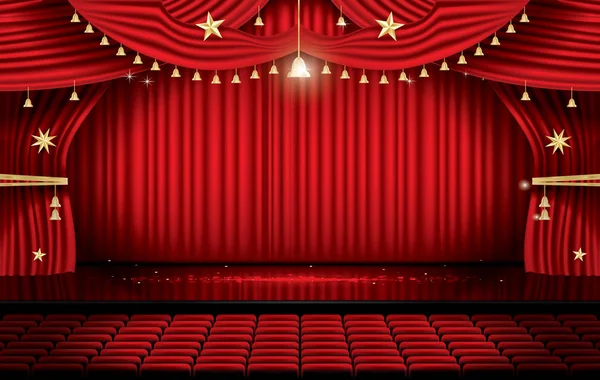带座椅和复印空间的红色舞台窗帘 歌剧或戏院场面 地板上的灯 矢量插图 — 图库矢量图片