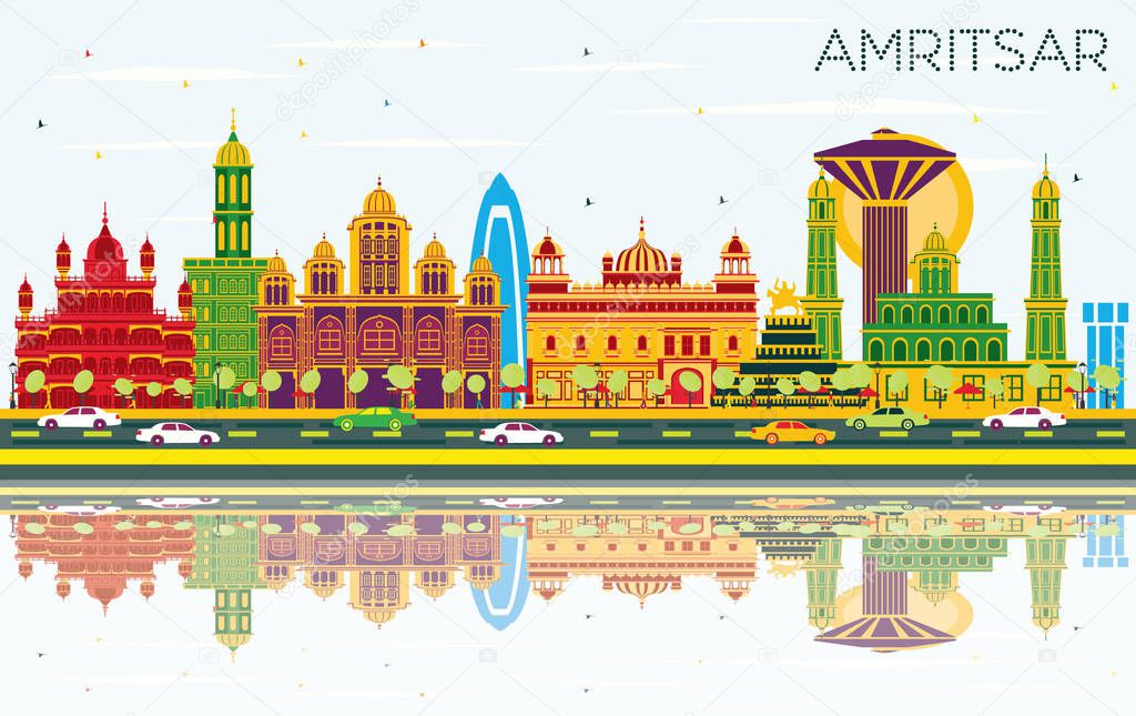 Amritsar India City Skyline with Color Buildings, Blue Sky and Reflections. Vector Illustration. Business Travel and Tourism Concept with Historic Architecture. Amritsar Cityscape with Landmarks.