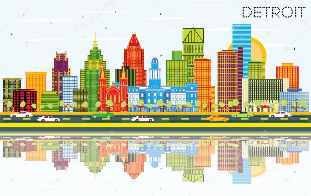 Detroit Michigan City Skyline with Color Buildings, Blue Sky and Reflections. Vector Illustration. Business Travel and Tourism Concept with Modern Architecture. Detroit Cityscape with Landmarks.