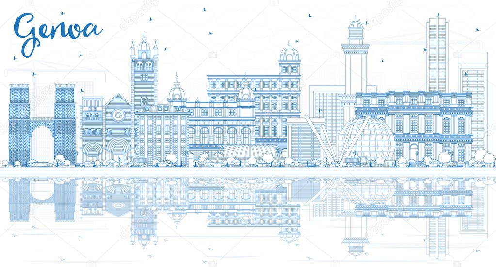 Outline Genoa Italy City Skyline with Blue Buildings and Reflections. Vector Illustration. Business Travel and Tourism Concept with Modern Architecture. Genoa Cityscape with Landmarks.