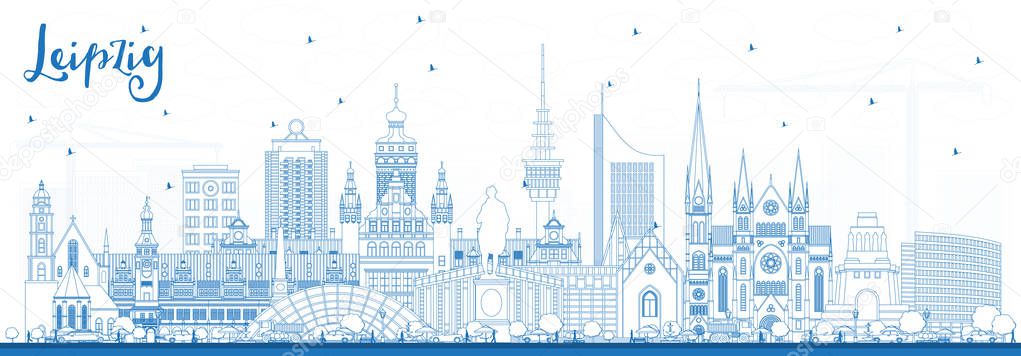 Outline Leipzig Germany City Skyline with Blue Buildings. Vector Illustration. Business Travel and Tourism Concept with Historic Architecture. Leipzig Cityscape with Landmarks.