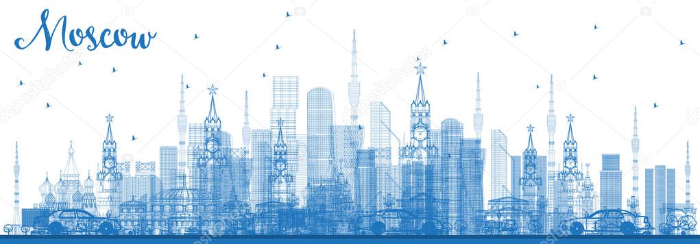 Outline Moscow Russia Skyline with Blue Buildings. Vector Illustration. Business Travel and Tourism Illustration with Modern Architecture. Moscow Cityscape with Landmarks.