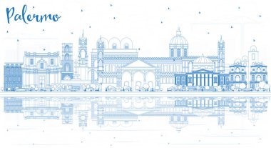 Mavi binalar ve yansımaları ile anahat Palermo İtalya şehir manzarası. Vektör çizim. İş seyahat ve Turizm kavramı tarihi mimarisi ile. Palermo Sicilya Cityscape yerler ile.