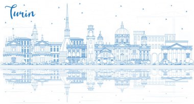 Mavi binalar ve yansımaları ile anahat Torino İtalya şehir manzarası. Vektör çizim. İş seyahat ve Turizm kavramı Modern mimariye sahip. Turin Cityscape yerler ile.