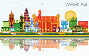 Varanasi Hindistan şehir manzarası ile renk binalar, mavi gökyüzü ve yansımaları. Vektör çizim. İş seyahat ve Turizm kavramı tarihi mimarisi ile. Varanasi Cityscape yerler ile.