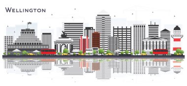 Wellington Yeni Zelanda şehir manzarası ile beyaz arka plan üzerinde izole binalar. Vektör çizim. İş seyahat ve Turizm kavramı ile Modern binalar. Wellington Cityscape yerler ile.