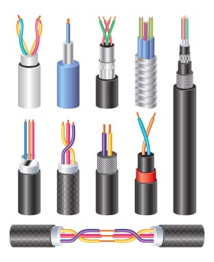 Gerçekçi elektrik endüstriyel Fiber optik kablo ve bakır tel beyaz arka plan üzerinde izole ayarlayın. Vektör çizim.