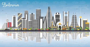 Gri binalar, mavi gökyüzü ve yansımaları ile Bahreyn şehir manzarası. Vektör çizim. İş seyahat ve Turizm kavramı Modern mimariye sahip. Bahreyn Cityscape yerler ile.