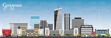 Gurgaon Hindistan şehir manzarası ile gri binalar ve mavi gökyüzü. Vektör çizim. İş seyahat ve Turizm kavramı Modern mimariye sahip. Gurgaon Cityscape yerler ile.