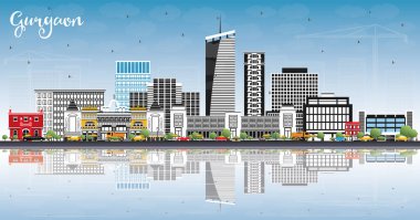 Gurgaon Hindistan şehir manzarası ile gri binalar, mavi gökyüzü ve yansımaları. Vektör çizim. İş seyahat ve Turizm kavramı Modern mimariye sahip. Gurgaon Cityscape yerler ile.