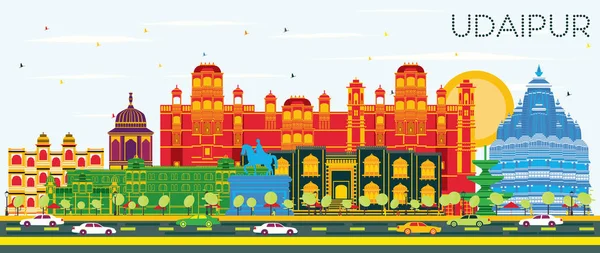 Udaipur India City Skyline Mit Farbigen Gebäuden Und Blauem Himmel — Stockvektor