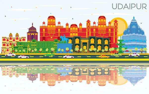 Udaipur India City Skyline Con Edificios Color Cielo Azul Reflexiones — Vector de stock