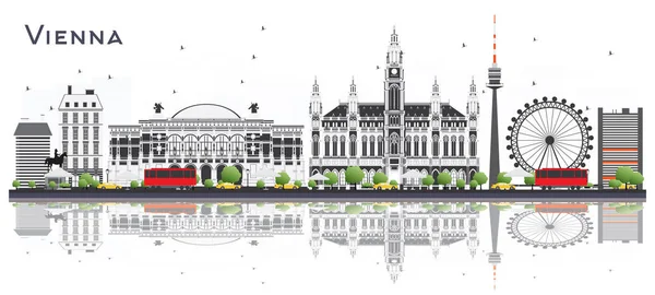 维也纳奥地利城市天际与颜色大厦和反射在白色被隔绝 矢量插图 商务旅游和旅游概念与历史建筑 维也纳城市景观与地标 — 图库矢量图片