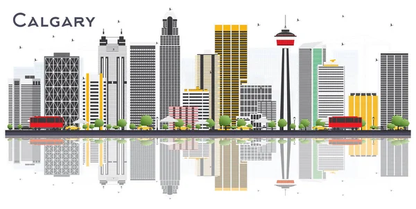 卡尔加里加拿大城市天际线与灰色大厦和反射在白色背景 矢量插图 商务旅行和旅游概念与现代建筑 卡尔加里城市景观与地标 — 图库矢量图片