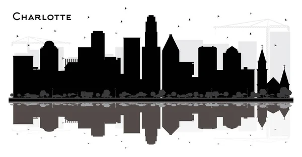 Charlotte City Skyline Silueta Blanco Negro Con Reflejos Concepto Plano — Vector de stock