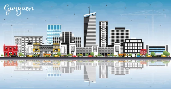 Gurgaon Hindistan şehir manzarası ile gri binalar, mavi gökyüzü ve yansımaları. Vektör çizim. İş seyahat ve Turizm kavramı Modern mimariye sahip. Gurgaon Cityscape yerler ile.
