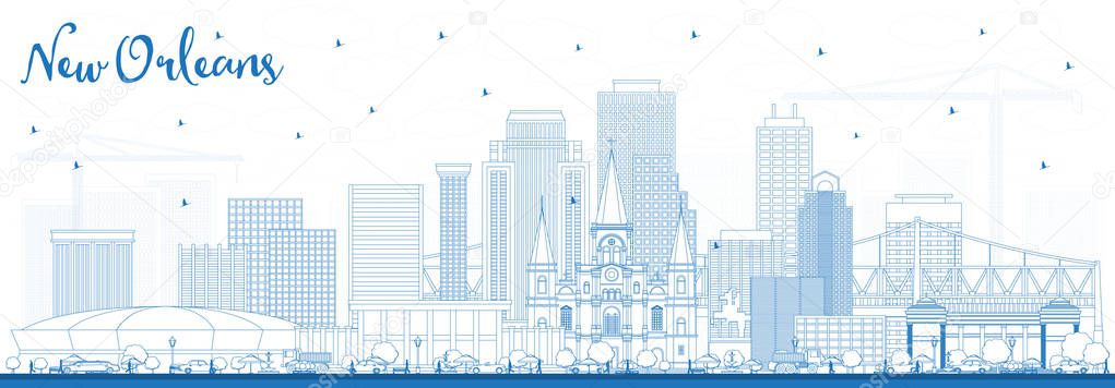 Outline New Orleans Louisiana City Skyline with Blue Buildings. Vector Illustration. Business Travel and Tourism Concept with Modern Architecture. New Orleans USA Cityscape with Landmarks.