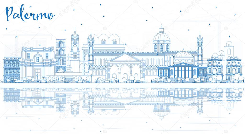 Outline Palermo Italy City Skyline with Blue Buildings and Reflections. Vector Illustration. Business Travel and Tourism Concept with Historic Architecture. Palermo Sicily Cityscape with Landmarks.
