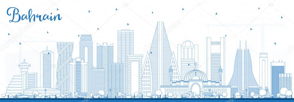 Outline Bahrain City Skyline with Blue Buildings. Vector Illustration. Business Travel and Tourism Concept with Modern Architecture. Bahrain Cityscape with Landmarks.