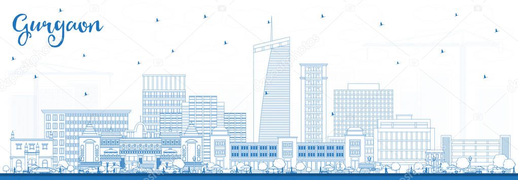 Outline Gurgaon India City Skyline with Blue Buildings. Vector Illustration. Business Travel and Tourism Concept with Modern Architecture. Gurgaon Cityscape with Landmarks.