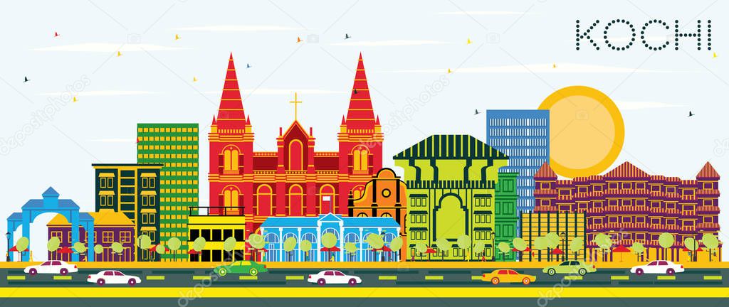 Kochi India City Skyline with Color Buildings and Blue Sky. Vector Illustration. Business Travel and Tourism Concept with Historic Architecture. Kochi Cityscape with Landmarks.