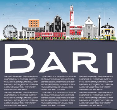 Bari İtalya şehir manzarası ile gri binalar, mavi gökyüzü ve kopya alanı. Vektör çizim. İş seyahat ve Turizm kavramı Modern mimariye sahip. Bari Cityscape yerler ile.