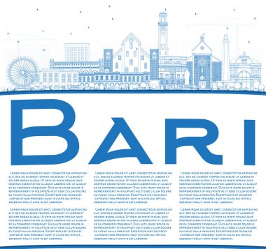 Anahat Bari İtalya şehir manzarası ile mavi binalar ve kopya alanı. Vektör çizim. İş seyahat ve Turizm kavramı Modern mimariye sahip. Bari Cityscape yerler ile.